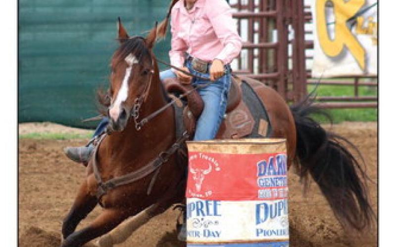 Minda Woodward of Dupree won the South Dakota Rodeo Association’s barrel racing championship this season. Besides top honors in barrels, she also finished third overall in ladies breakaway. Topic file photo by Jon Flatland