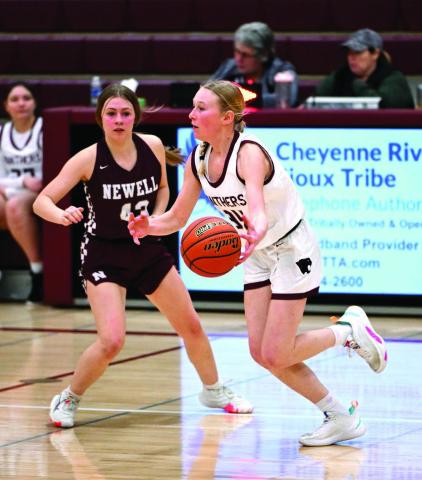 Freshman guard Talley Locken saw action during Timber Lake’s 64-52 win over the Newell Irrigators last Friday, Feb. 9, in Timber Lake. The win moved the Lady Panthers to 6-12 overall as they close out the regular season hosting Cheyenne-Eagle Butte on Friday, Feb. 16. Photos by Marie Du Preez