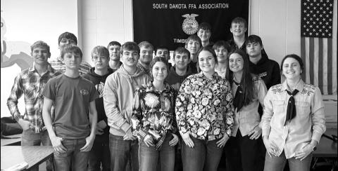 Timber Lake High School sent 18 students to the State FFA Convention in Brookings this past weekend, where they showcased their skills and knowledge in agricultural education. Attending were front, l-r: Kruz Lindskov, Treyden Beer, Natalie Lawrence, Katelyn Biegler, Jaylee Schoelerman, Ruby Maher; Middle: Preston Maciejewski, Hayden Thompson, Brody Ellison, Cullen Biegler, Treyton DuPreez, Chris Peterson-Lemmon, Jack Hornick, TJ Alley, Blaise Lei, Kanton Hunt; Back: Kolby Holzer and Braylen Hansen.