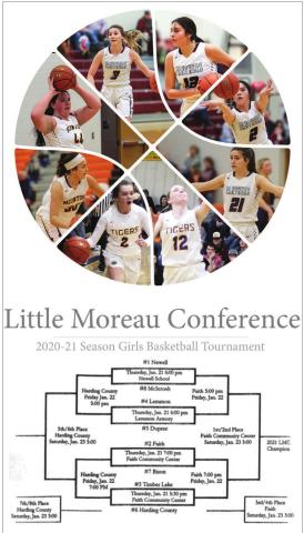 Pictured above clockwise from top left: Timber Lake’s Carlie Lawrence (3), Cassie Carter (12), Tia Lebeau (2) and Abbie Linderman (21), Dupree’s Taylee Jewett (12) and Kennedy Mclellan (2), McIntosh’s Meghan Maher (30) and Nadaley Webb (44). Photo illustration by Robert Slocum, photos by Slocum and Patty Peacock
