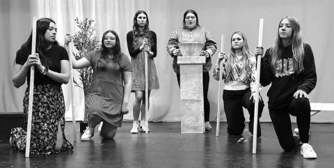 Actors in the Timber Lake High School one-act play, Madea, rehearse a scene where Madea (center, played by Anna Kraft) conjures up a poison to murder her former husband’s new wife. L-R are members of Madea’s chorus: Kessa Bigger, August Laurenz-Anderson, Natalie Lawrence, Katelyn Biegler, and Geana Bollinger. The play will be performed for the local audience on January 20 and enter the regional contest in Ipswich on January 22. Photo by Kathy Nelson