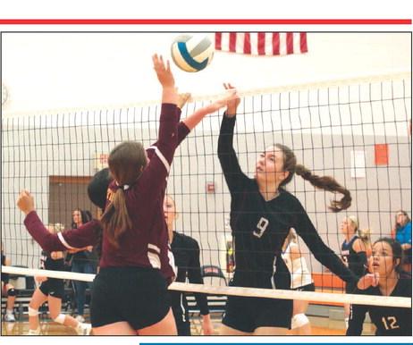 Battle at the Net Timber Lake’s Sara Holzer (9) battles an unidentified McIntosh player at the net during the Mobridge-Pollock Volleyball Invitational held Saturday, Sept. 9, at Mobridge-Pollock High School. The Panthers finished the day going 2-2 and moved their overall record to 4-5 on the season. Photo by Jon Flatland
