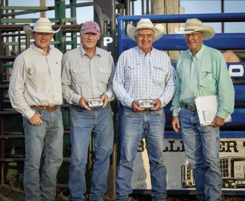 Gregg Mowrer and Buck Ward were selected as the 2025 Days of 1910 Rodeo honorees in recognition of their commitment and contributions to the annual event over the years. Pictured here are Derek Long, Gregg Mowrer, Buck Ward and Doug Maher. Photo by Chuck Miner