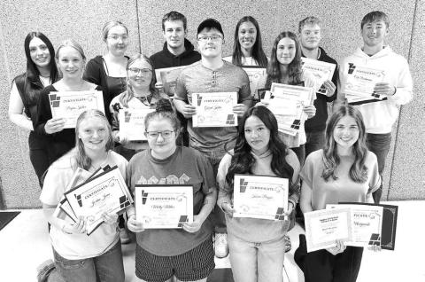 Fourteen Timber Lake seniors went home with scholarship awards presented at the annual TLHS Awards Day on May 7. Front (l-r): Jordan Jones, Molly Miller, Kessa Bigger, Meredith Maciejewski; Middle: Peyton Keller, Brelan Maher, Gabe Keller, Natalie Lawrence; Back: Mckenzi Vomacka, Lola Hornick, Landen Lemburg, Jasmine Nash, Treyton Du Preez, Cole Ducheneaux.