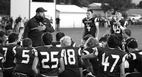 Timber Lake head coach Ryan Gimbel speaks to his players during halftime of a recent game. File photo