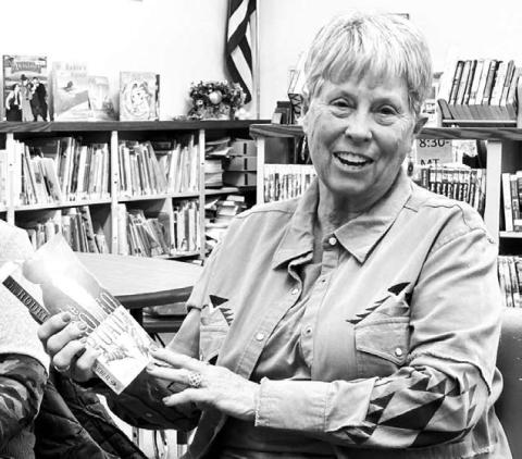 Johny Weber at one of her book discussions at the Dewey Co. Library.