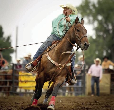 Royce Grueb of Faith, paired with his brother, Trason Grueb, was among the competitors in the Jr. Team Roping event at the South Dakota 4H Rodeo Finals last weekend, Aug. 15-17, in Ft. Pierre. Photo by Chuck Miner