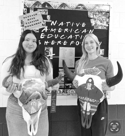 August Laurenz-Anderson (left) and Miley Murray with their painted buffalo skulls.