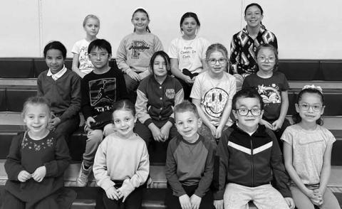 Red Ribbon Week Contest winners at Timber Lake Elementary were: FRONT (L-R): Remi Aberle, Elliot Schweitzer, Layson Gimbel, Ryker Bridges, Millie Brown Otter; 2ND ROW: Evangelina Reichert, Cole Brown Otter, Lola Yellow Horse, Rose Maher, Harleigh Hayes; 3RD ROW: Kendyl Gill, Tegan Baker, Finley Boldt, Cheyienne Nygaard.