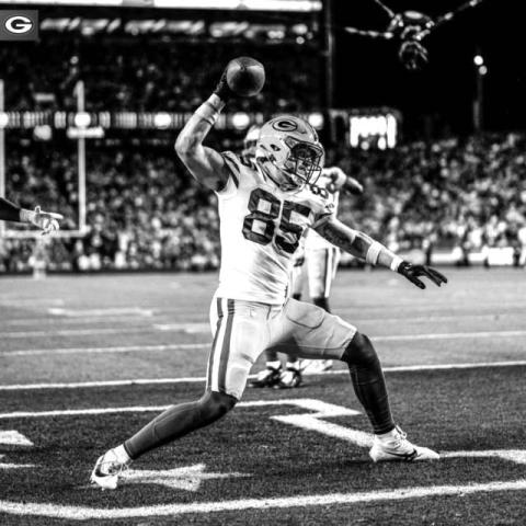 Tucker Kraft celebrates by spiking the football after pulling in a two-yard touchdown catch from quarterback Jordan Love during the third quarter of the Packers playoff matchup against San Francisco on Saturday. The game culminated a tremendous rookie season for Kraft, a native of Timber Lake. Photo courtesy of Green Bay Packers