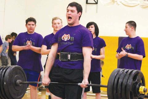The Dupree High School Powerlifting Team recently held an exhibition fundraiser that included a meal and each member of the team completing three different lifts as they would in a competition. Many of the team members set personal bests at the event. Pictured, Matthew Lemke lifts 535 pounds as teammates Wyatt Lemke, Case DePoy, Joseph Brewer and Rio De La Rosa look on. Photo by Patty Peacock