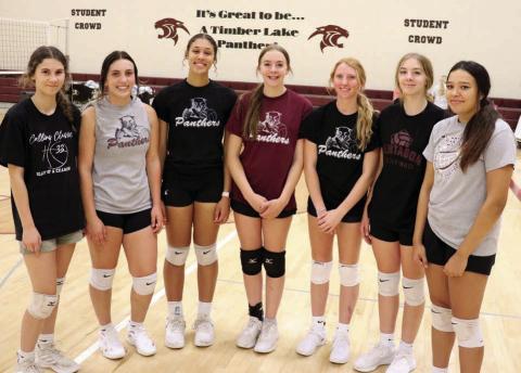 Returning letterwinners for the Timber Lake High School volleyball squad this season include (l-r) Natalie Lawrence, McKenzi Vomacka, Jasmine Nash, Geana Bollinger, Sara Keller, Gailup Bollinger and Kessa Bigger. Photo by Jon Flatland