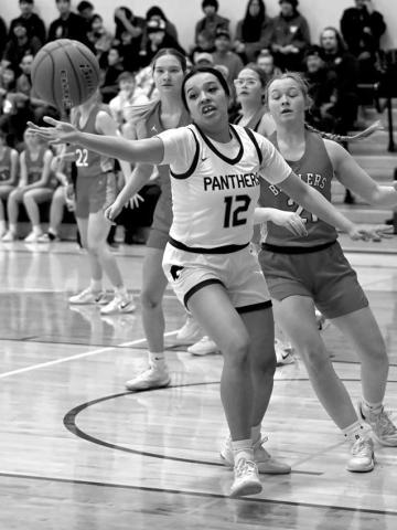 Senior forward Kessa Bigger (12) chases down a rebound during Timber Lake girls basketball action against the Potter County Battlers last Friday, Jan. 10. Timber Lake won 54-47.