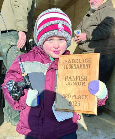 The youngest participant in the 11th Annual Lake Isabel Ice Fishing Tournament on Saturday was two-yearold Jaxon Hollenbeck, son of Nathan and Emily Hollenbeck of Mobridge. Jaxon, who turns 3 on Feb. 1, was the third place winner in the Youth Panfish Division. He is the grandson of Grady and Bobbi Jo Kraft of Timber Lake and Dustin and Annete Hollenbeck of Mobridge.