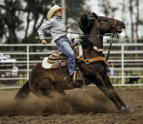 Isabel cowgirl Jacque Peterson stops her horse on a dime while competing in ladies breakaway roping during recent rodeo action. With just weeks remaining in the regular season, Peterson sits atop the ladies breakaway standings.