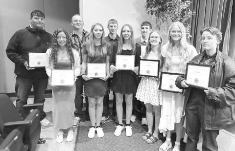 Ten TLHS seniors earned Regents’ Scholar Diplomas. They are (Front l-r) Arianna Bieber, Gailup Bollinger, Geana Bollinger, Emma Johnston, Hailey Roggow, Maria Scherer; Back: Hayden Thompson, Braylen Hansen, Holden Gill, and Cullen Biegler. To receive the diploma students must complete four units of Language Arts, four units of Mathematics, four units of Science, three units of Social Studies, one unit of Fine Arts, and two units of Modern/Classical Language or Career &amp; Technical Education.