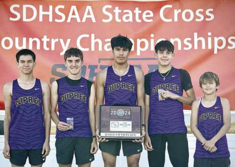 Members of the Dupree Tigers boys cross country team that captured fifth place at the State Class B Cross Country Meet in Rapid City on Saturday are Joseph Brewer, Spencer Olsen, Tripp Schrempp, Tayshaun Cudmore and Rowdy Schrempp. The Tigers are coached by Jessie Longbrake and Calby Farlee. Photo courtesy of Kathy Olsen