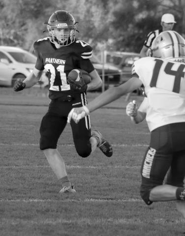 Timber Lake’s Eddie Keller (21) looks for a gap in the Harding County-Bison special teams unit during a kickoff return against the Ranchers last Friday, Sept. 27. A 44-12 loss to the Ranchers dropped the Panthers to 3-2 overall this season heading into a matchup with 3-2 Lemmon-McIntosh this Friday, Oct. 4, in Lemmon.