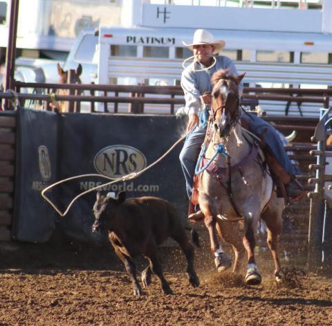 Doug Lawrence of White Horse throws his lasso during his run in the calf roping competition at the annual Pioneer Days Rodeo in Dupree on Saturday, June 22. Photo by Jon Flatland