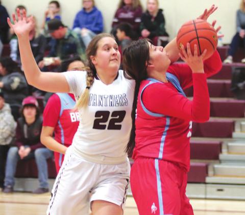 Timber Lake senior Tessa Goldade defends an attempt at the basket by Cheyenne-Eagle Butte’s Shawnee Lawrence during their Feb. 18 contest in Timber Lake. Photo by Jon Flatland