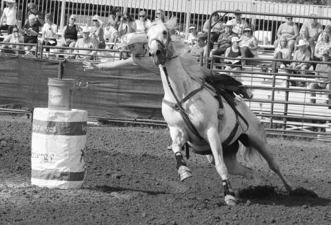 Gwen Gebhart of Meadow stretches in an attempt to reach the flag during the flag race event at the South Dakota State 4-H Finals Rodeo held Aug. 16-18 in Ft. Pierre. Photo by Jon Flatland