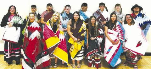 The Timber Lake School Native American Education Committee held an honoring ceremony for Native American graduates on April 22. Seniors honored are Front (l-r): Maddie Lou Gray, Miley Murray, August Laurenz-Anderson, Arianna Bieber, Bethany Archambault, Alexis Salciedo; Back: Ikeeah Buckley, Ethan Ward, Chris Peterson-Lemmon, Cullen Biegler, Hayden Thompson, Rance Martin, Gavin White, and Jesse Ridl.