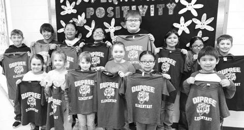 The Dupree Elementary Students of the Month for February use the Lakota virtue of honesty (Wíiyukča) which focuses on truthfulness and being honest in work, admitting mistakes, and upholding integrity. Front (L-R): Harper Jewett, Kayzli Longbrake, Sawyer Holmes, Andrea Jewett, Kiora LaPlante, and Kade Longbrake; back: Kolter Ferguson, Jason Logg, Coco LaPlante, Landen Clown, Braden Dupris, Malaya Marshall, Triton Rave, and Levi Wall. Not pictured: Irene Smart and Justice Weber.