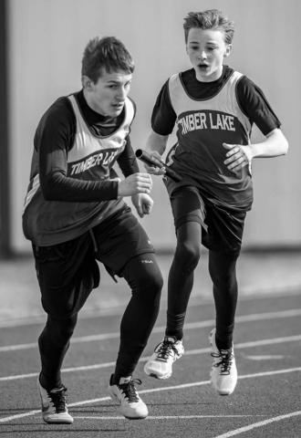 PICTURED CLOCKWISE FROM TOP LEFT: Landon Lemburg prepares to take a handoff from Eddie Keller; Arianna Bieber on the run; Holden Gill races for the finish; TJ Alley leaps in the long jump; Ruby Maher prepares for the race to start. Photos by Robert Slocum