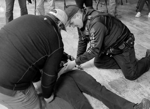 First Responders from several area communities and counties participated in specialized Tactical Emergency Casualty Care (TECC) training in Timber Lake, designed to enhance their ability to provide critical, life-saving care in high-risk situations. Above, Shad Bollinger, Bailey Keller and Chandler Ross perform an exercise as part of the training program.