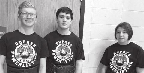 Three members of the Dupree HS powerlifting team traveled to competition in Brandon Valley on Saturday, Jan. 29, included (l-r) Case DePoy, Matthew Lemke and Nevaeh Farlee. Farlee was the lone medalist for the team, finishing second overall in the girls’ 7th Division weight class. Photo by Patty Peacock