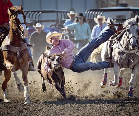 Braydon Terveen-Smith of Lantry, a member of the Dupree High School Rodeo Club, improved his time each time out of the gate to win the South Dakota State High School steer wrestling championship last weekend in Ft. Pierre. Terveen-Smith, a 2025 graduate of Dupree High School, also qualified for the National High School Finals Rodeo slated July 13-19 in Rock Springs, WY. Photo courtesy of Chuck Miner