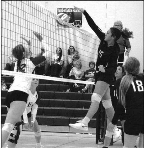 Timber Lake’s Jasmine Nash (15) hammers a spike during recent volleyball action against Harding County. The Lady Panthers improved to 2-1 overall this week and will play in an invitational tournament in Mobridge on Saturday, Sept. 9. Photo by Jon Flatland