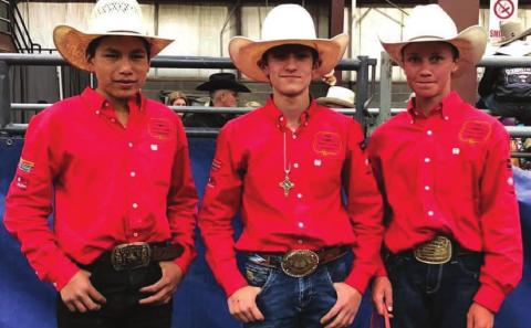 Advancing to the National Jr. High Finals Rodeo in Des Moines, IA next month were Mark Sandquist of Trail City, Wynn Lawrence of White Horse and Hayes Burress of Isabel. Photo by Patty Jo Burress