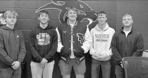 Earning All-Little Moreau Conference football honors from Timber Lake were (l-r) Eddie Keller, Cole Ducheneaux, Braylen Hansen, Holden Gill and Treyton Du Preez.