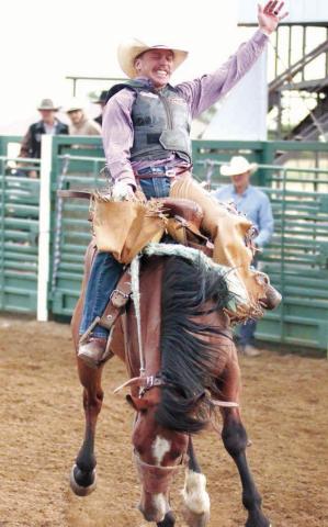 Teigan Clark of Meadow was crowned the 2022 Isabel Rodeo saddle bronc riding champion after a thrilling 79 point ride during Saturday night’s session. Photo by Jon Flatland