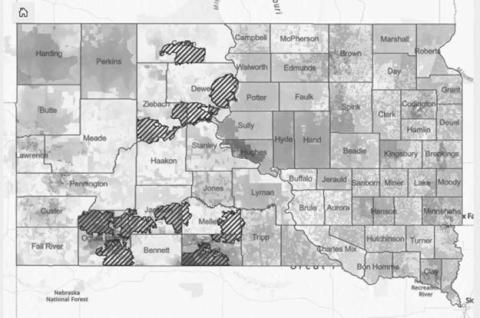 Dark areas on this map of South Dakota indicate regions considered “legal deserts” due to a lack of attorneys and other factors.