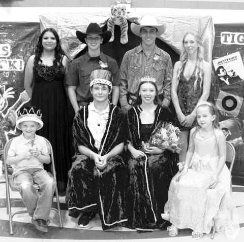 Dupree School kicked off their TIGERS ROCK! Homecoming on Monday, Sept. 21 with a musically themed pep rally in the morning and coronation and the lighting of the ’D’ that night. The royal court is pictured here. FRONT (l-r): Prince Claycee Peterson, King Michael Donovan, Queen Samara Ward Martel, and Princess Kayzli Longbrake; BACK: first runner-up to the king Gaby LaPlante, Hudson Terveen, Collins Blue Coat, and first runner-up to the queen Kami McLellan.