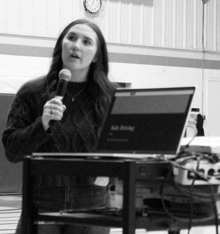 Bobbi Kammerer, 22, of Philip gave a presentation on distracted driving to Dupree School students recently. She is required to make presentations as part of her court sentence for causing a fatal accident while distracted driving. Photo by Patty Peacock