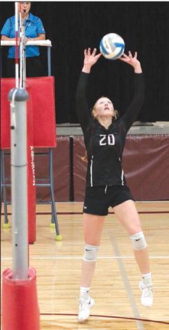 Senior Kendyl Locken of Timber Lake sets a shot for one of her hitters during the Lady Panthers match against Dupree in the Little Moreau Conference Volleyball Tournament on Saturday, Sept. 23. Photo by Jon Flatland