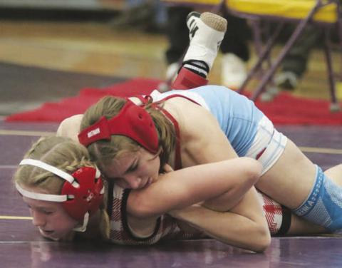 C-EB/Dupree junior Eulayla (Layla) Maynard, top, qualified for her second consecutive SD State High School Wrestling Tournament berth. The defending girls 112-pound champion, Maynard is vying for the title at 106 pounds this year. Photo by Jon Flatland