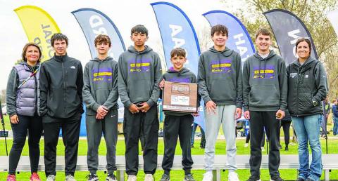 The Dupree Tigers finished third in the State Class B Boys Cross Country race held Saturday in Huron. Team members include (l-r) Coach Jessie Longbrake, Joseph Brewer - alternate, Walker Farlee, Jaden Scott, Rowdy Schrempp, TayShaun Cudmore, Spencer Olsen and Assistant Coach Jazmyn Holmes. Photo courtesy of Kathy Olsen