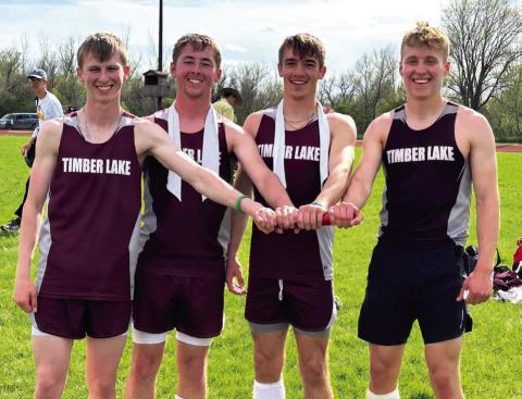 The Timber Lake Panthers foursome of Holden Gill, Cole Ducheneaux, Gavin Farlee and Gracen Hansen set a new school record in the 1600 meter relay at the Super Region Meet in Gettysburg last Thursday, May 16. Their time of 3:32.94 bettered the previous record of 3:34 set in 2006 by Josh Crance, Bryan Aberle, Cody Aberle and Tyler Kraft.
