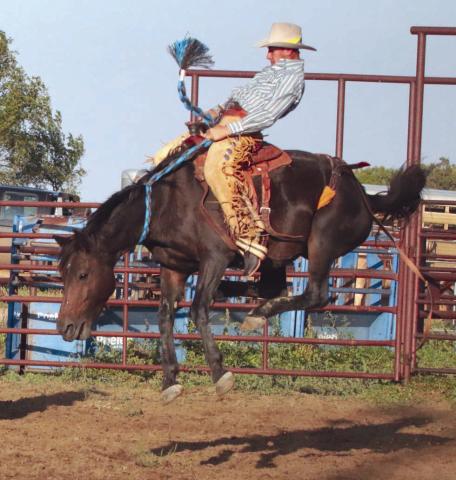 Isaiah Ducheneaux of Timber Lake was among the ranch bronc riders competing at the 3 Rivers Ranch Rodeo in Timber Lake on Saturday, Oct. 30. Jackson Harrison of Timber Lake won ranch bronc riding event with CJ Jewett claiming second place. Photo by Jon Flatland
