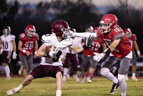 Timber Lake receiver Holden Gill puts a move on a would-be Potter County tackler during the Panthers 44-8 win over the Battlers last Friday. Timber Lake, 4-4, will host Dupree, 4-3, this Friday at Kraft Field in Timber Lake. Photo by Marie Du Preez
