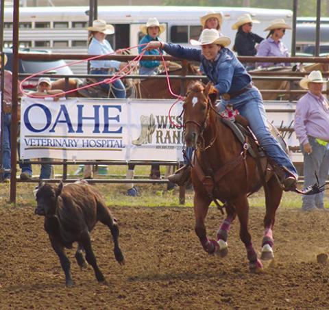 Kailyn Groves of Faith makes her run during ladies breakaway at the 2024 Days of 1910 Rodeo in Timber Lake last weekend. Ladies breakaway roping has become one of the most highlycompetetive and high-paying events in the sport of rodeo. More than 70 ropers entered this year’s Days of 1910 Rodeo. Photo by Jon Flatland