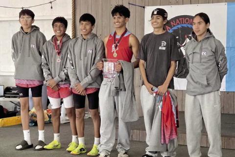 Members of the Cheyenne-Eagle Butte boys cross country team that captured the team championship at this year’s Lakota Nations Invitational are (l-r) Liam Norris, Demetrius Sanchez-Gonzalez, Xavier Sanchez-Gonzalez, Jayden Taken Alive, Jackson Taken Alive, and Gage Bald Eagle. Submitted Photo