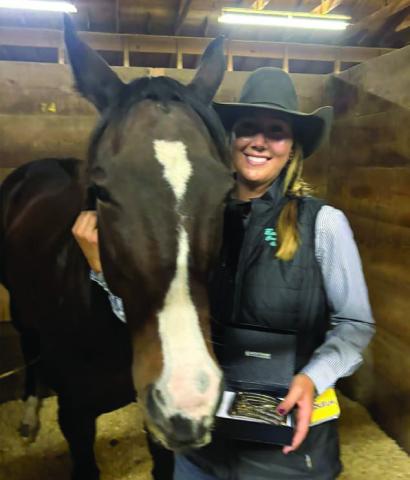 Sloan Anderson of White Horse and her mount, Royaly Little Bud’, left, won the WPRA Badlands Circuit breakaway roping year-end championship. The WPRA Horse of the Year award went to FireWaterFrenchFame “Apollo”,” owned and ridden by Summer Kosel, above, of Glenham.