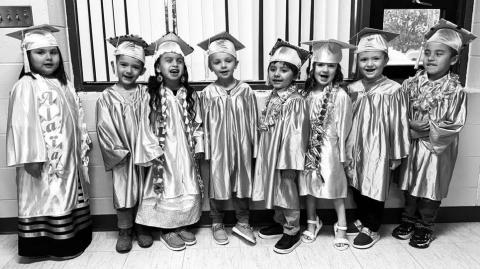 Eight youngsters graduated from Timber Lake Head Start on May 23. They performed songs for an audience at the Timber Lake Community Center and received diplomas, awards, and gifts. The graduates are (l-r): Alaia Edwards, Noah Marshall, Leah Mellette, Douglas Kraft, Riley Schumacher, Payton Bollinger, Slash Lawrence, and Kash Ward.