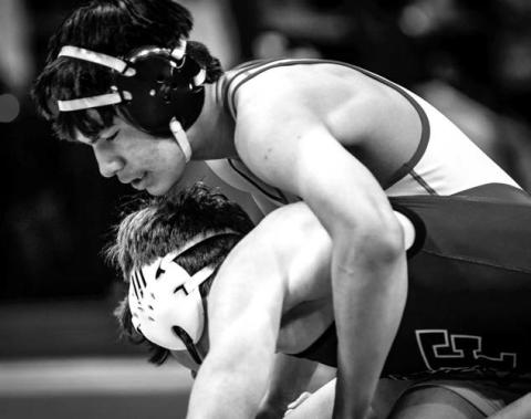 Cheyenne-Eagle Butte/Dupree 138 pounder Tripp Schrempp in action during the State Class A Wrestling Tournament in Pierre last week. Schrempp finished the season with a 17-21 overall mark. Photo by Robert Slocum