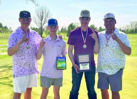 Hayden Thompson, Kruz Lindskov, Kanton Hunt and Hadley Thompson at the Region 6B Golf Meet at the Hart Ranch Golf Club.
